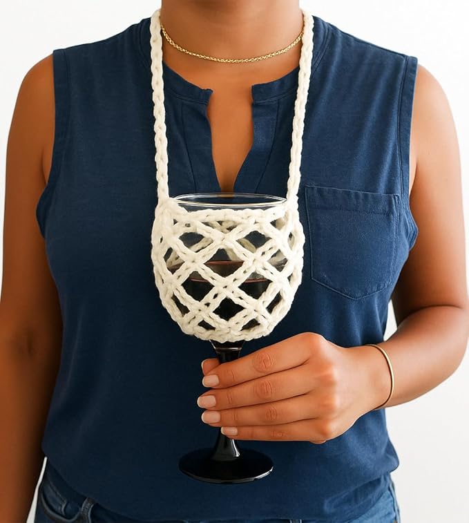 2 Pack Crochet Wine Glass Lanyard Holder for Wine Festival Lovers (Black-Ivory)