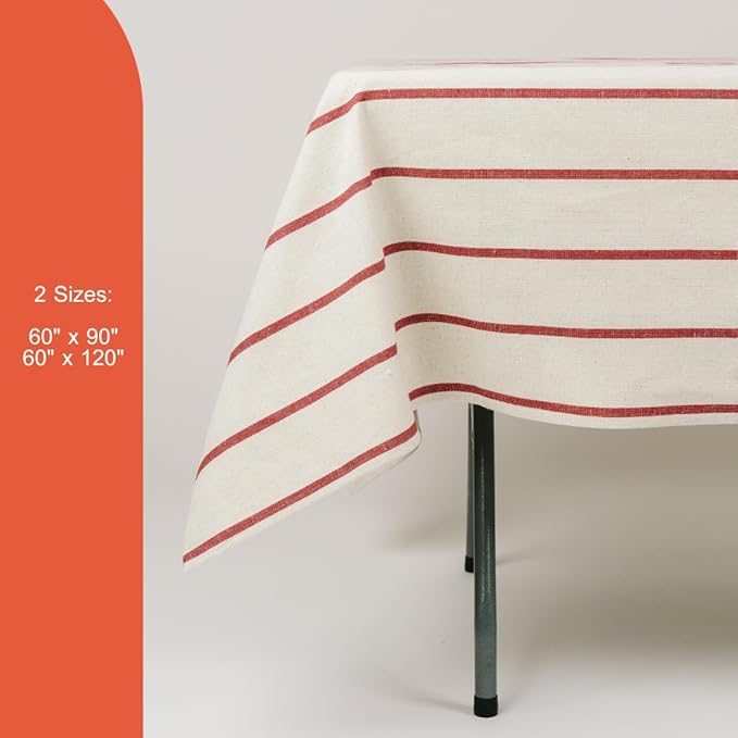 60x90 in Cotton Tablecloth – Large Rectangular Dining Table Cover for Kitchen, Weddings, Parties, Indoor or Outdoor Picnic and Everyday Décor – Red Stripe/Natural