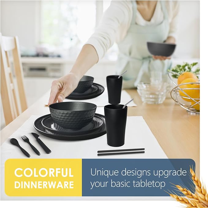 Teivio 66-Piece Kitchen Plastic Wheat Straw Dinnerware Sets for 6, Dinner Plates, Plates and Bowls Sets,Cups, Flatware, Dishwasher Safe, Unbreakable Apartment Outdoor Camping Dishes, Black
