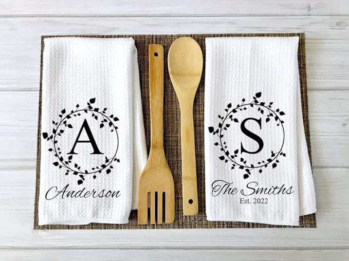 Personalized Kitchen Towel | Custom Tea Towel | Family Name Dish Towel | Kitchen Decor | Hand Towel | Housewarming Gift | Monogram Dishcloth (Wreath 2)