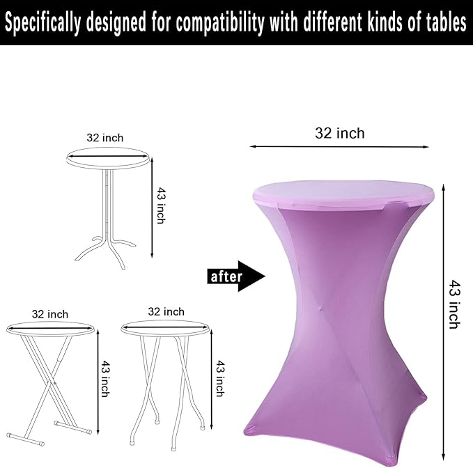 2 Pack 32x43 Inch Lavender Cocktail Tablecloth Spandex Round Fitted Table Cover for Wedding Banquet Event Party
