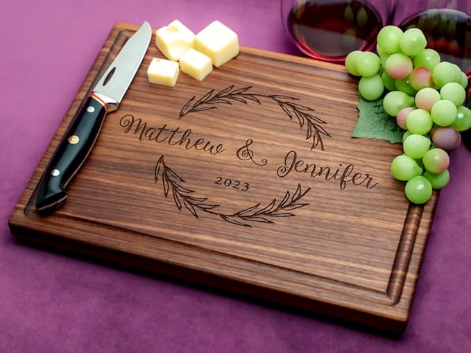 Personalized Cutting Board - Custom Engraved Wood Charcuterie Board - Best Wedding Gift Idea for Couples (Bride & Groom), Newlyweds - Handcrafted in USA from Premium Hardwood (Wreath Design 413)