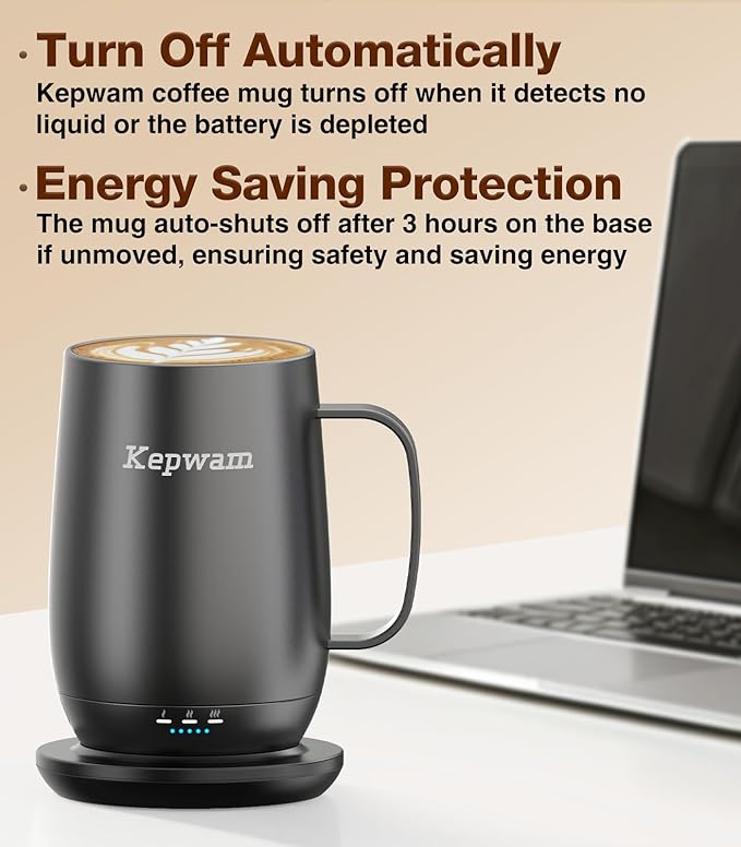Kepwam Heated Coffee Mug T2-Plus, 20oz Leading Large Capacity Self Heating Coffee Mug, Up to 8 Hrs Battery & Hot Up to 149℉, Smart Coffee Mug for Women, Men