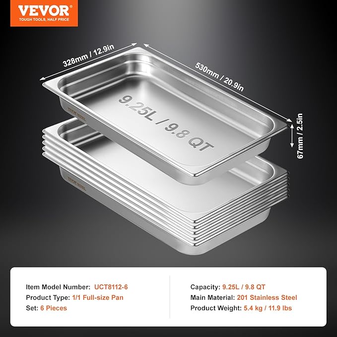 VEVOR 6 Pack Stainless Steel Hotel Pans,2.5-Inch Deep 0.8mm Thick Commercial Food Pans, Anti-Jam Catering Trays for Steam Tables, for Home, Party, Restaurant, Hotel, Buffet