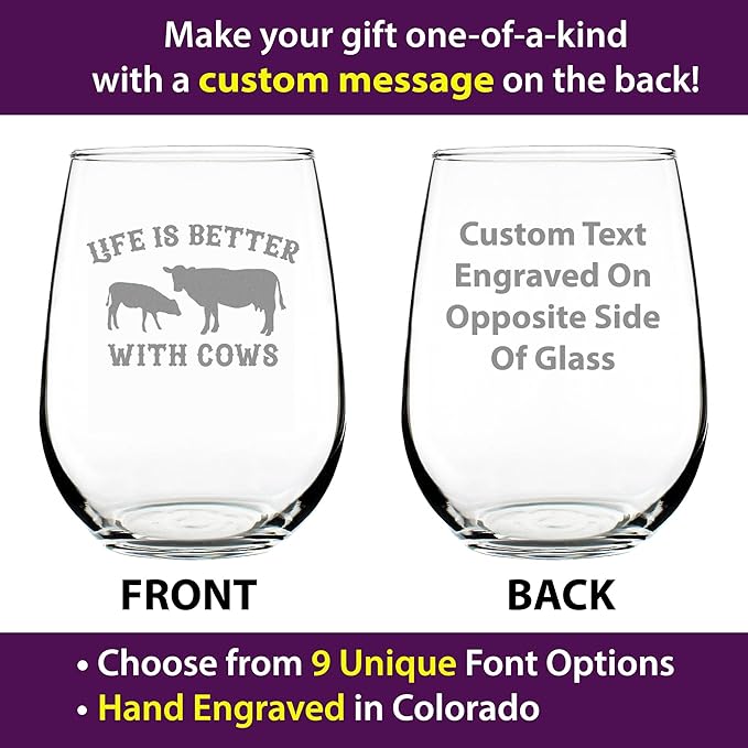 Custom Life Is Better With Cows - Personalized Stemless Wine Glass - Funny Cow Gifts and Decor for Men & Women - Large 17 oz Glasses - Customized Wine Glass Gift