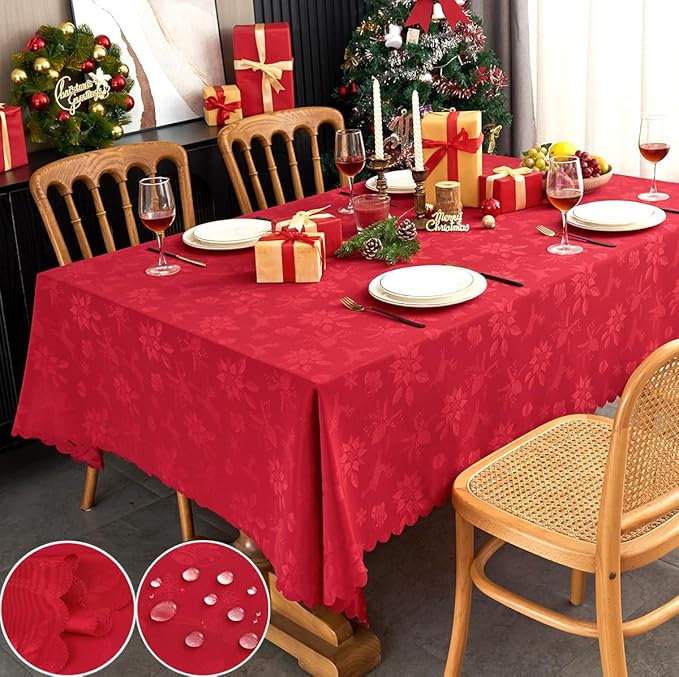 New Year Christmas Tablecloth for Rectangle Table Jacquard Red Tablecloth Waterproof Washable Fabric Table Cover for Kitchen Dinning Buffet Birthday Holiday Party (60X120 in)