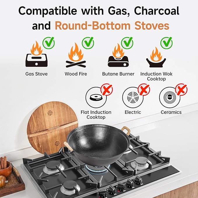 WANGYUANJI 11.8" Round Bottom Cast Iron Wok - Small Traditional Pow Wok for Camping & Open Fire - Gas Stove Compatible (Wok Ring Required) - Uncoated Stir Fry Pan with Cleaning Brush