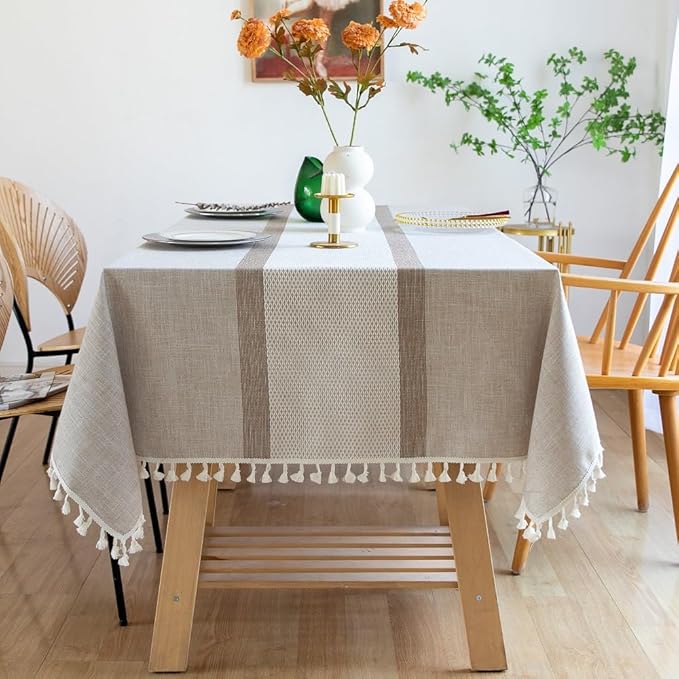 Pahajim Striped Tablecloth Rectangle with Tassels Thick Linen Cotton Table Cloth for Outdoor Picnic Dining and Holiday Kitchen Decor Rectangle/Oblong,55''x87'', 6-8 Seats