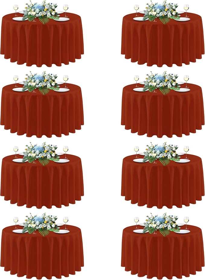 sancua Thanksgiving Round Tablecloth 108 Inch Diameter, 8 Pack Rust Circle Polyester Fabric Fall Table Cloth for Holiday Party Reception, Washable Table Cover Burnt Orange (Fit 42-96 Inch Tables)