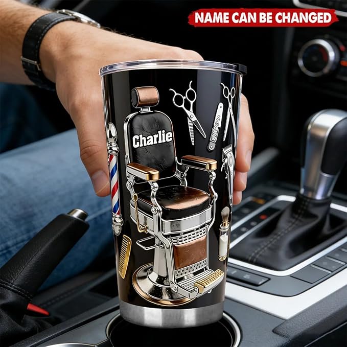 Barber Chair 2D Printed Personalized Tumbler, Barber Tumblers for Men, Custom Name Hairdresser Stainless Steel Tumbler, Barber Gifts for Men, Hairdresser Gifts, Hairstylist Gift for Men, Husband, Dad