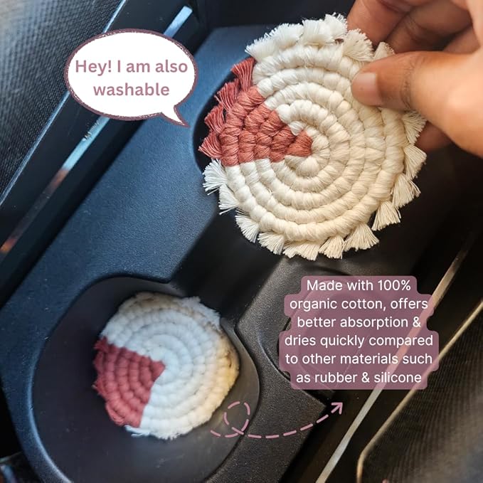 Cotton Car Coasters for Cup Holders, 2PC Car Cup Coasters, Drink Coaster Holder, Cute cupholder Coaster Accessories for Women, Macrame, Boho (Cappuccino)
