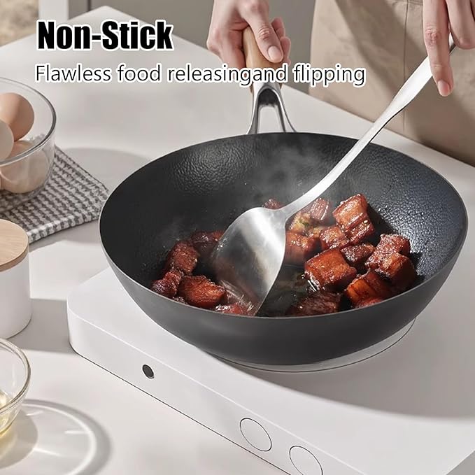 Titanium Hammered Wok with Lid, Pre-Seasoned Cast Iron Nonstick Stir-Fry Pan, Flat Bottom Wok, Scratch-Resistant Non Stick Titanium Pans for Cooking,11.81IN