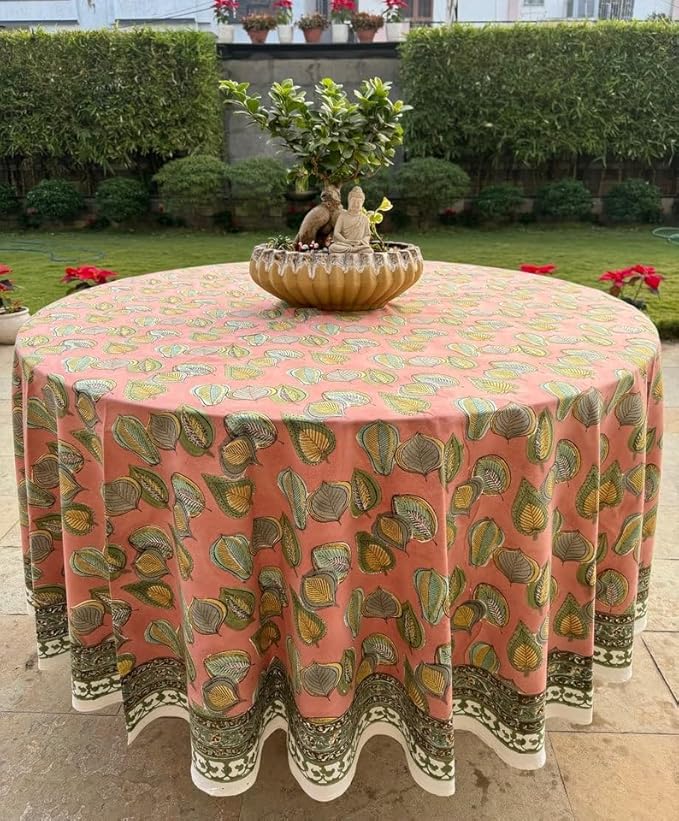 Ridhi Block Print Round Salmon Pink Reusable Tablecloth 100% Cotton 60" Inch Decorative Table Cover eveyday Dining, Home, Party, Wedding, Farmhouse Gift for Spring, Easter, Valentine