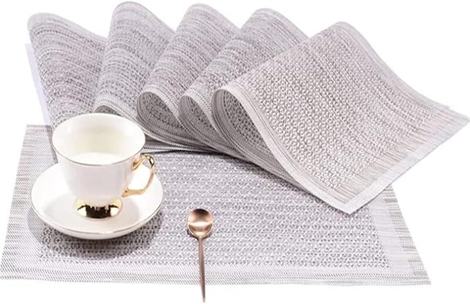 Woven Place Mat Eco-Friendly PVC Placemats Washable Non Slip Heat Decorate Table Mats(LP Silver,30X45CM_6PCS)