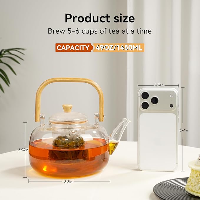 49OZ/1450ML Glass Teapot with Removable Infuser & Lid, Stovetop & Microwave Safe Clear Borosilicate Glass Tea Maker Water Kettle for Loose Leaf Blooming Tea