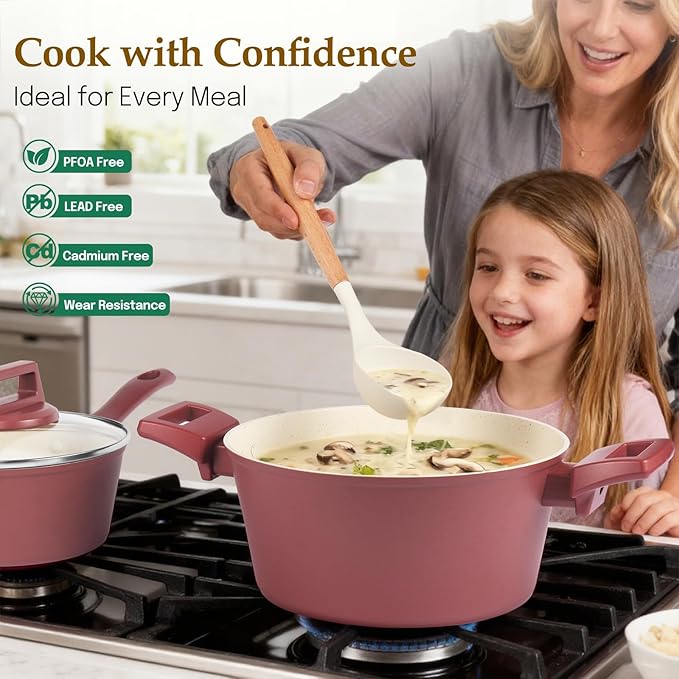 Pots and Pans Set Non Stick, 11-Piece Nonstick Induction Cookware Set, Non-Toxic Kitchen Cooking Set with Frying Pans, Saucepan, Stock Pot, PFOA Free, Red Brown