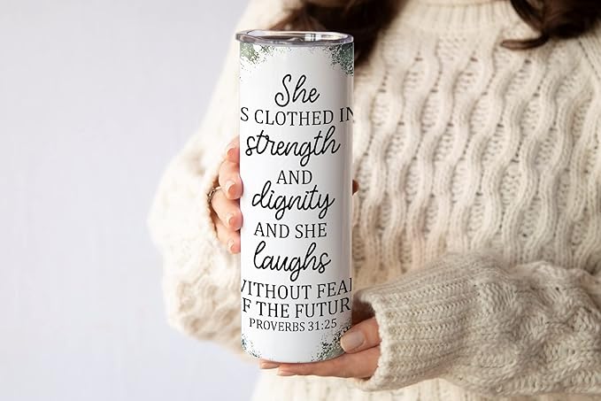 MRC Wood Products 20oz Skinny Tumbler With Proverbs 31:25 - Stainless Steel Double Wall Insulated Cup With Lid And Straw - Christian Gift