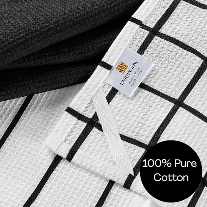 Assorted Waffle Kitchen Dish Towels Cotton Set of 6, Soft Absorbent Quick Drying Table and Kitchen Linen, Tea Towels and Cleaning Towels with Hanging Loop, Dish Towels 15x25 Black