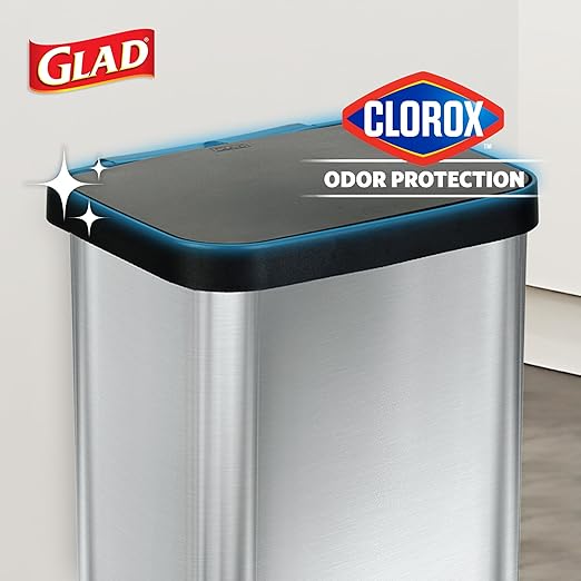 Glad GLD-74506 Stainless Steel Step Trash Can with Clorox Odor Protection | Large Metal Kitchen Garbage Bin with Soft Close Lid, Foot Pedal and Waste Bag Roll Holder, 13 Gallon, Stainless