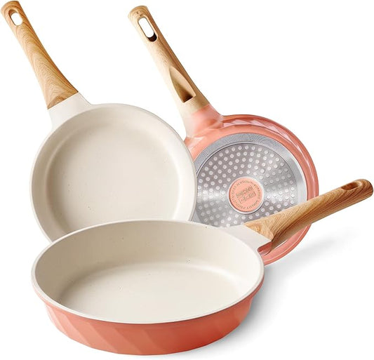 YIIFEEO Frying Pans Non stick - 3 PCS Nonstick Frying Pan Set Omelette Pans for Cooking Set, Granite Skillet Set Kitchen Induction Cookware Chef's Pan Gift, 8", 9.5" &11", Coral Pink