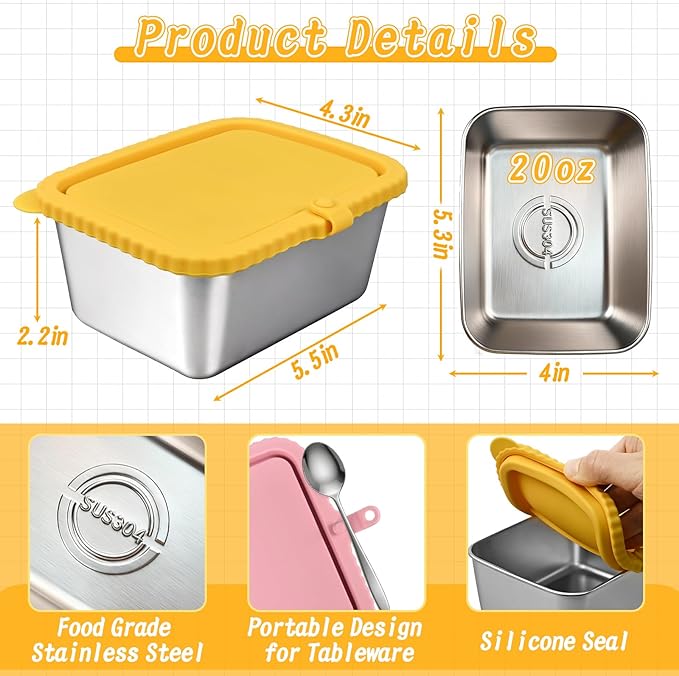 3-Pack Stainless Steel Food Storage Containers with Silicone Lids, 20oz Snack Pack Containers Reusable Metal Bento Lunch Box Large Container for Meal Prep, Picnic, Office, Travel