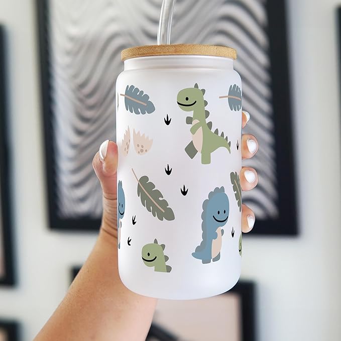 Sip-Sip Hooray! Cute Dinosaur Coffee Cup With Lid and Straw, Frosted 16oz Glass Baby Dino Gift, Dino Can Gift for Girlfriend, Trex Beer Can