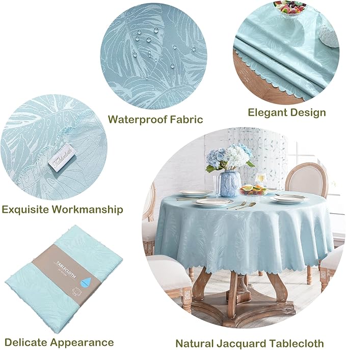 Table Cloth Blue Round Tablecloth 60 Inch Leaves Pattern Scalloped Edge Silky Soft Waterproof Wrinkle Resistant Washable Circle Table Cover for Kitchen Dining Party Banquet Patio Decor