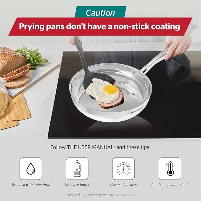 Sunhouse 10 Inch Tri-Ply Stainless Steel Frying Pan, Whole-Clad No Coatings Skillet with Stay-cool Handle for Cooking, Durable & Oven Safe to 500°F, Dishwasher Safe, Compatible with All Cooktops