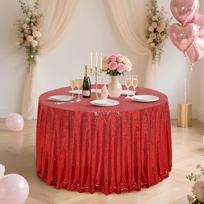 Eternal Beauty Red Tablecloth, 120 Inch Round Sequin Tablecloth for Valentines Party Cake Dessert Table Exhibition Events