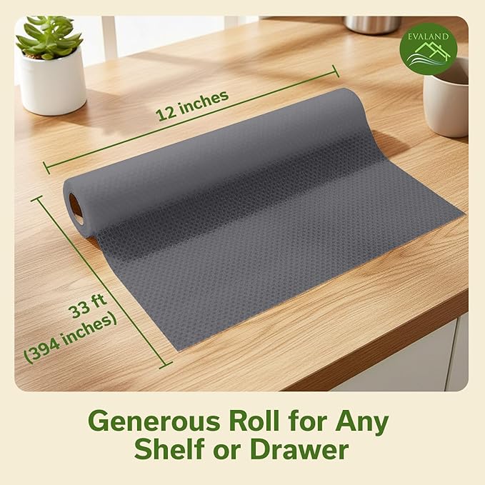 EVALAND Shelf Liners for Kitchen Cabinets Non-Adhesive 12" x 33 FT Gray Drawer Liner Non Slip, Washable Cabinet Liner, Waterproof Shelf Liners for Cabinets, Refrigerator Bathroom Pantry Cabinet Mat