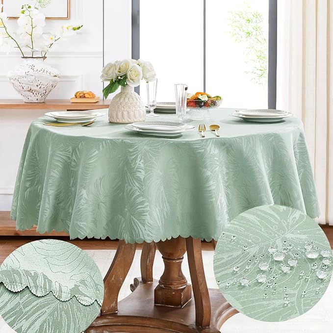 Round Tablecloth 80 Inch Fabric Green Table Cloth Leaves Pattern Scalloped Edge Silky Soft Tablecloth Waterproof Washable Table Cover for Kitchen Dining Outdoor Birthday Party Banquet