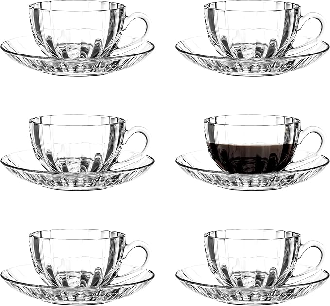 Glass Tea Cups and Saucers Set of 6 - Small Glass Coffee Mugs - Pumpkin Teacups for Espresso Cappuccino Latte Tea - Halloween Thanksgiving Decor Gift (5.4 OZ / 161 ML)