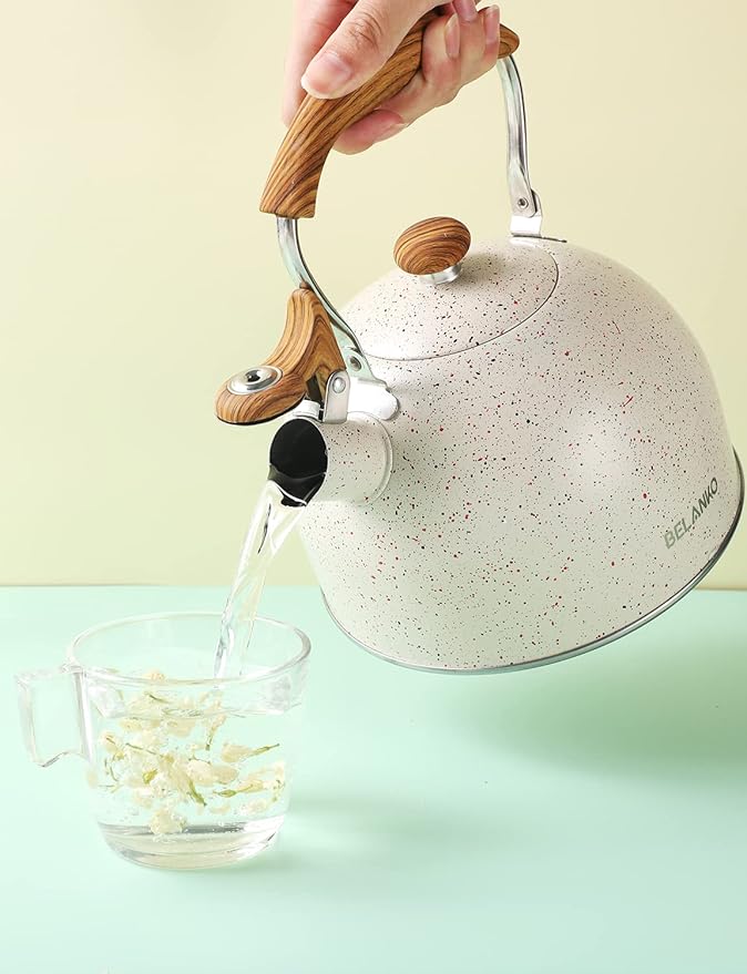 Tea Kettle, BELANKO 85 OZ / 2.5 Liter Whistling Tea Kettle, Tea Pots for Stove Top Food Grade Stainless Steel with Wood Pattern Folding Handle, Loud Whistle Kettle for Tea, Coffee, Milk - Cream White