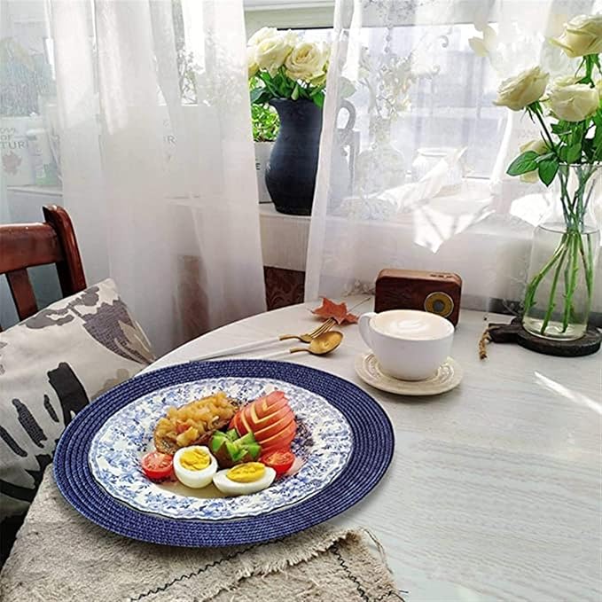 Table Mat Round Braided Woven Set of 6 Woven Placemats Heat Non-Slip for Kitchen Indoor and Outdoor 15 Inch(PPR Dark Blue,Round_38CM 4PCS)