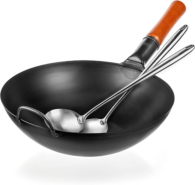 YOSUKATA Carbon Steel Wok and Stir Fry Pans 13,5 “ + 17’’ Wok Spatula and Ladle