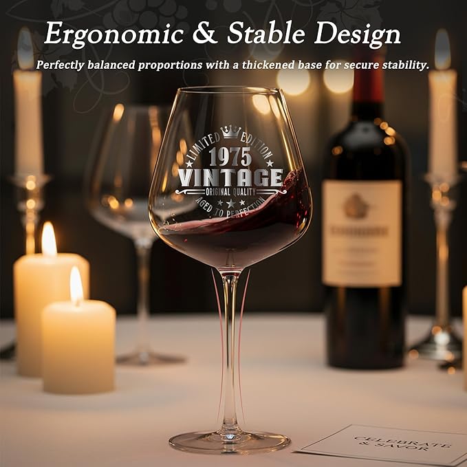 Crystal Burgundy Wine Glasses Cup Red Long Stem White Personalized Cute Large Women 50th Birthday Gifts for Her 50 Years Old Best 1975 Funny Cool Friend Gift Unique Birthday Party Decorations