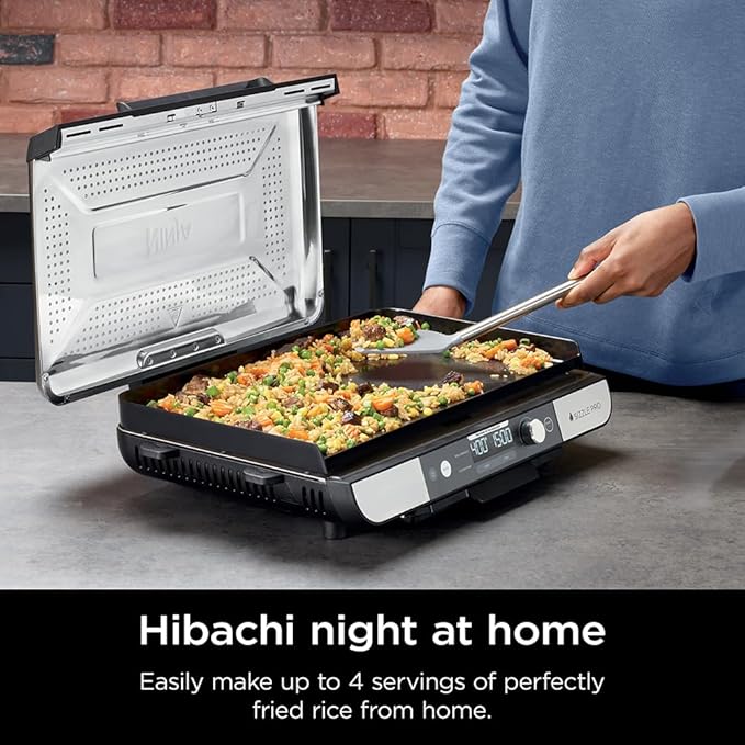 Ninja Sizzle Pro XL 20-Inch Indoor Griddle + Grill, Detachable Ventilated Lid, Grease Control, Ceramic Nonstick Plates, Even Edge-to-Edge Cooking, XL Capacity, Versatile, Silver GX101 (Renewed)