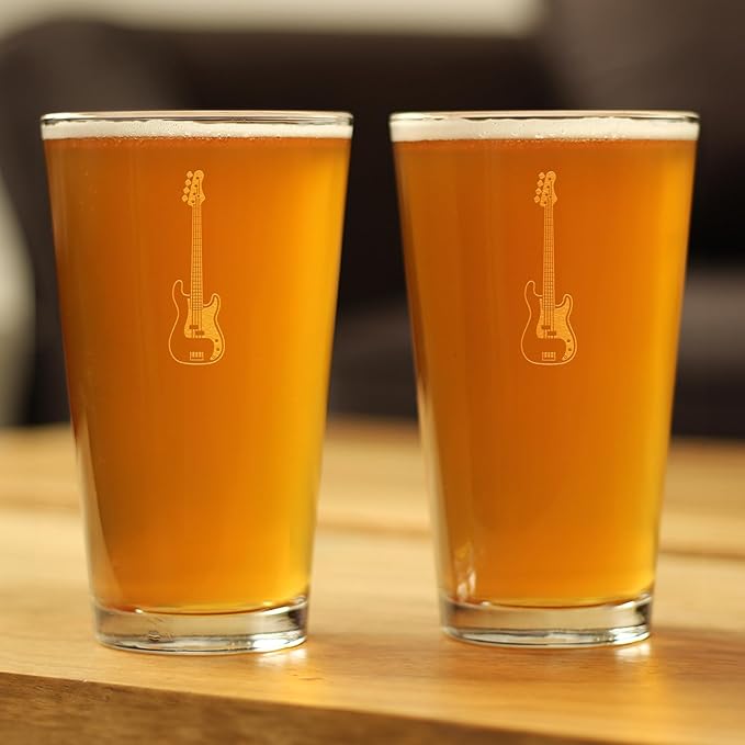 Bevvee Electric Bass Pint Glass for Beer - Music Gifts for Bass Players, Teachers and Musical Accessories for Musicians that Play Bass Guitar - Set of 2-16 Oz Glasses