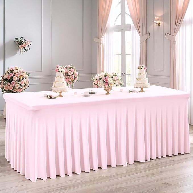 2 Packs Baby Pink Spandex Tableclothes for 8 Foot Rectangle Table, Spandex Table Covers 8FT Stretch Table Skirts Rectangle Wrinkle Free Fitted Table Cover for Event, Wedding, Banquet & Parties