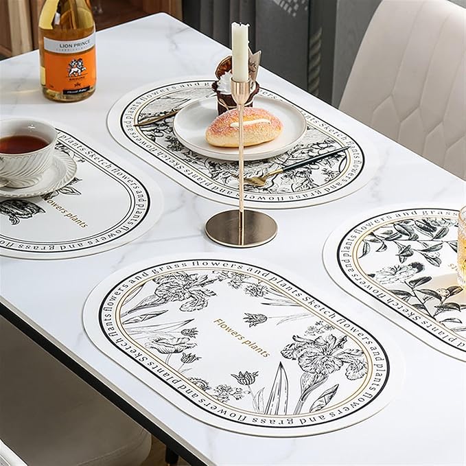Nordic Leather Placemat Black and White Floral Pattern Waterproof Oilproof Heat Plate Bowl Mat Dinning Table Decor(C)