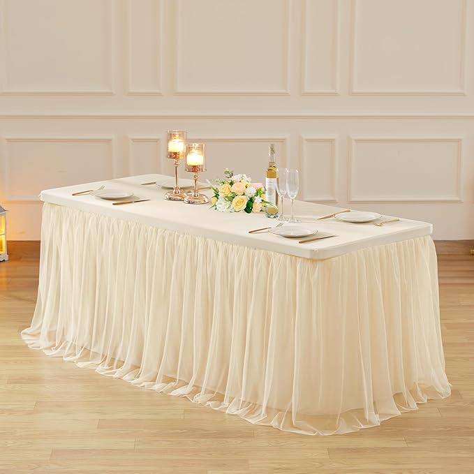 4 Pack 8ft Champagne Tulle Tablecloths for Rectangle Tables, 8 Foot Champagne Rectangular Table Cloth, Wrinkle Free Table Cover with Tutu Skirt for Wedding Birthday Party Banquet Buffet Bridal Shower