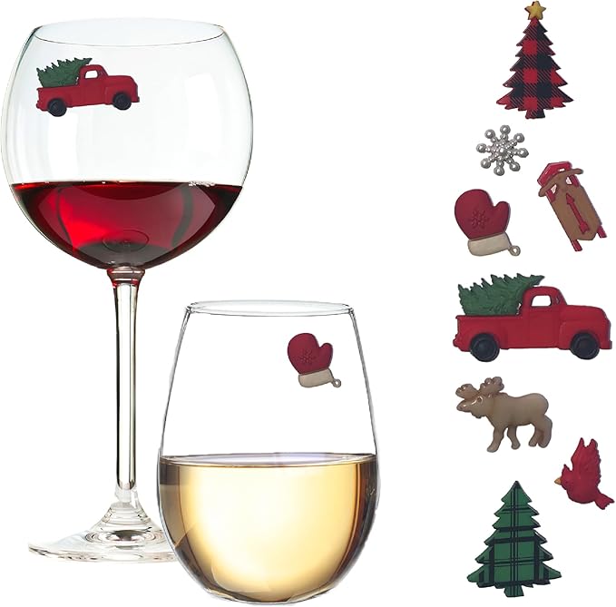 Simply Charmed Christmas Magnetic Wine Glass Charms - Rustic Vintage Red Truck with Buffalo Plaid Trees Set of 8 Drink Identifiers