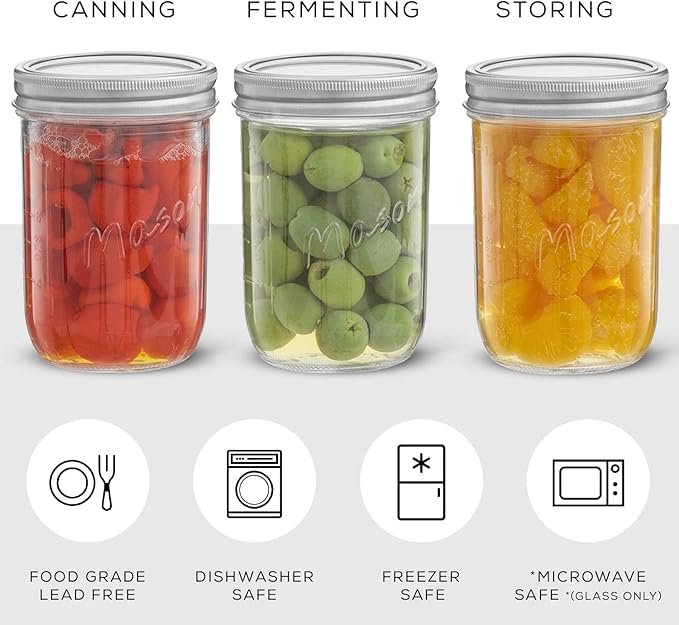JoyJolt 16 Oz Mason Jars With Lids, Labels and Measures! 6-Pack Wide Mouth Mason Jars, Glass Jar with Lid and Band. Airtight Canning Jars, Overnight Oats Jars, Salad Jars, Sourdough Starter Jar