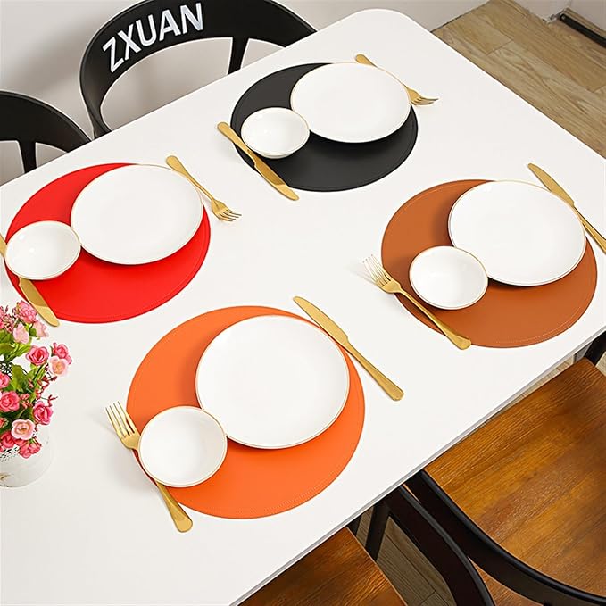 Color Tableware Pad Placemat PU Leather Table Mat Heat Insulation Non-Slip Bowl Coaster Kitchen(Orange)