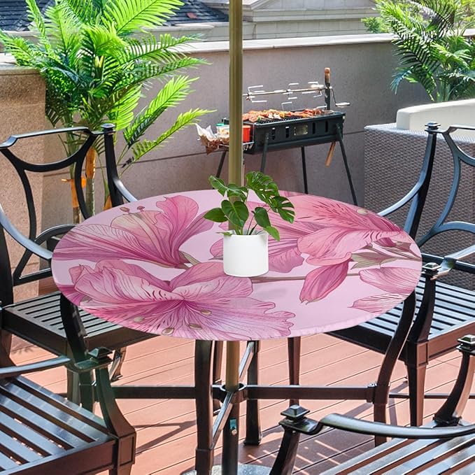 Fitted Round Tablecloth With Umbrella Hole and Zipper Exquisite Flower Outdoor Circle Tablecloth With Elastic 45"-56" Showy Flower Waterproof Oil-Proof Patio Table Cover for Picnic Camping Party