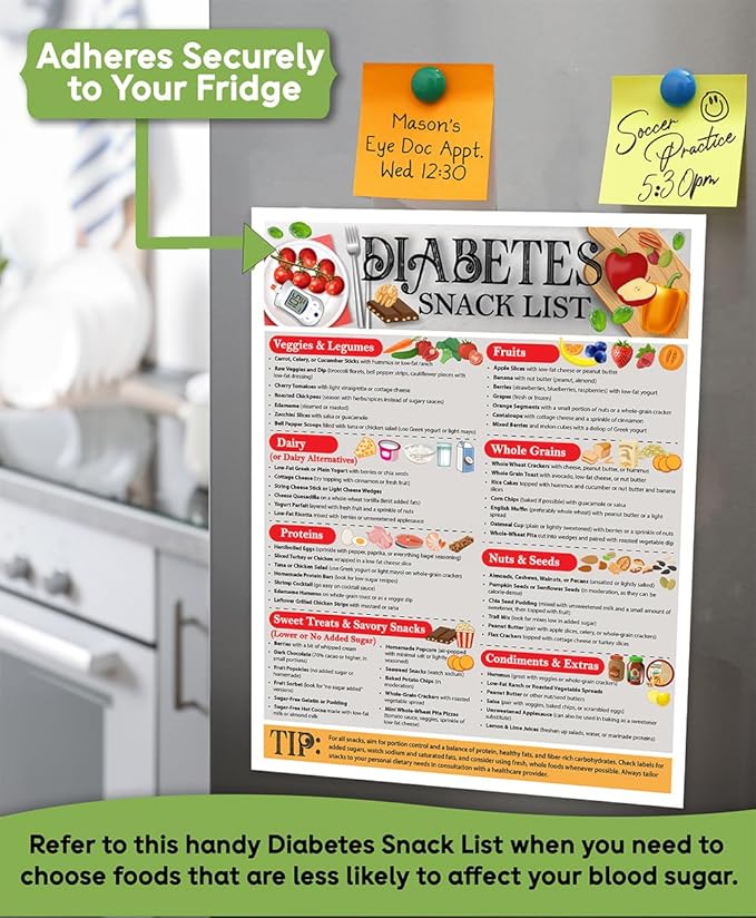 Magnetic 8.5x11 Diabetes Snack List Fridge Magnet – Healthy Low-Sugar Diet Planner, Low-Carb Nutritional Guide & Visual Aid for Meal Planning, Balanced Diabetics Chart, Waterproof & Humidity Resistant