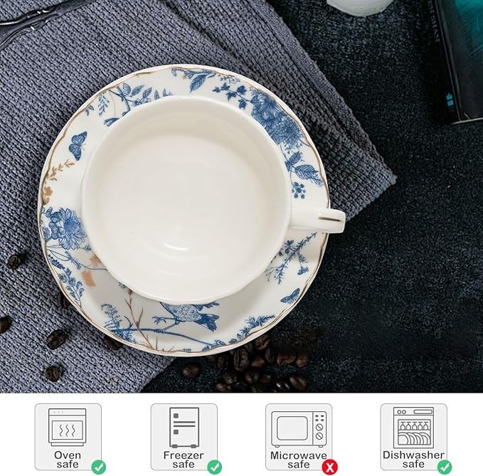 Tea Cups and Saucers Coffee Cappuccino Espresso Latte Cup Mugs Special Gold Line Ceramic Cup Porcelain Tea Cups Set of 2 (7 oz) for Gifts,Party,Gatherings, Afternoon Teas,Receptions