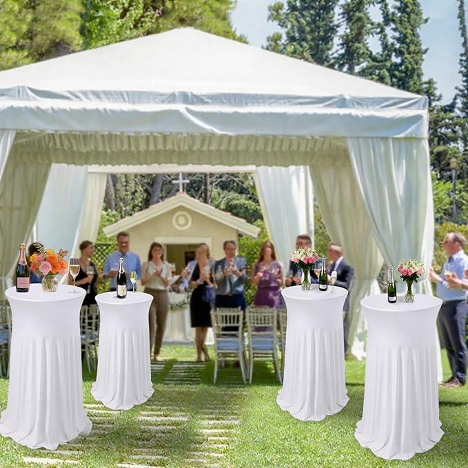 6 Pcs White Spandex Stretch Round Cocktail Table Skirt, 32x43 Inch High Top Table Covers, Fitted Table Cloths for Wedding, Bar, Banquet, Party Decor & Event Supplies