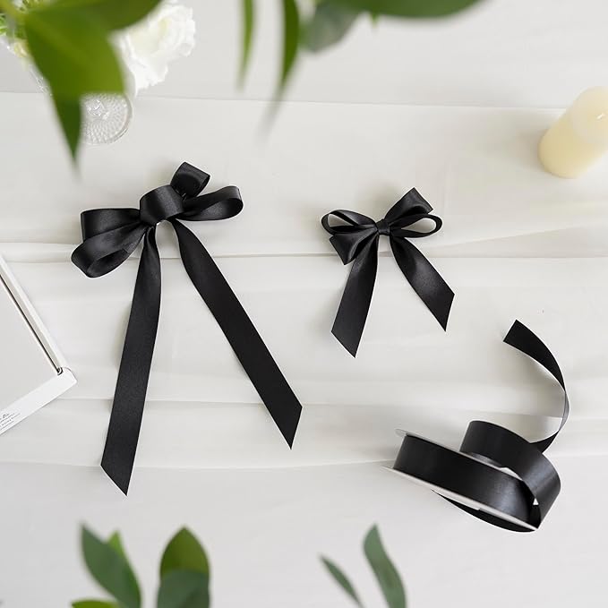 MEEDEE Black Ribbon 1 Inch Black Satin Ribbon Lux Double Faced Satin Ribbons by 50 Yards Polyester Wrapping Ribbons for Crafts, Weddings, Flower Bouquet, Holiday Decorating