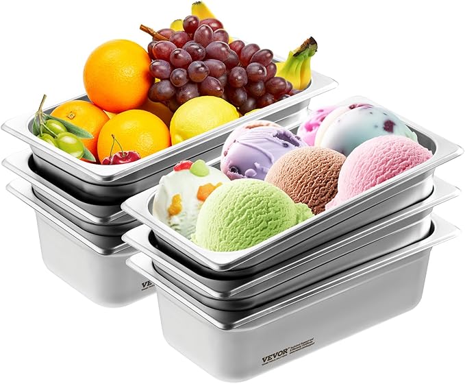 VEVOR 6-Pack Stainless Steel Hotel Pans - 1/3 Size 4-Inch Deep 0.8mm Thick Anti-Jam Commercial Food Pans for Steam Tables, Restaurants, Catering & Industrial Use